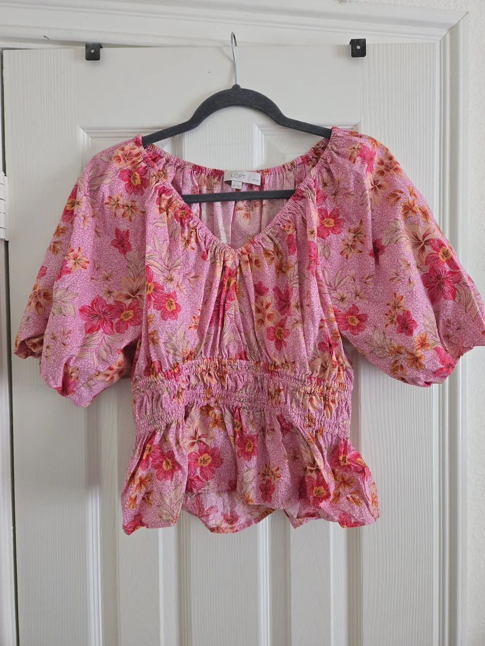 LOFT Pink Floral Smocked Peasant Blouse
